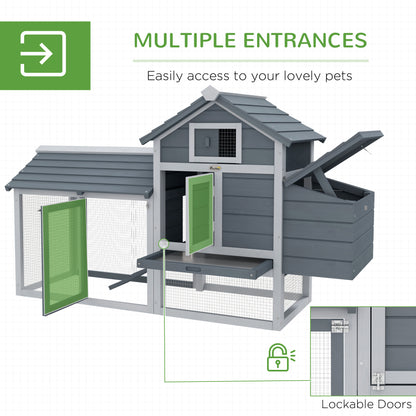 PawHut Small Chicken Coop with Run Hen House Poultry Coops Cages Nesting Box Grey 150.5 x 54 x 87cm