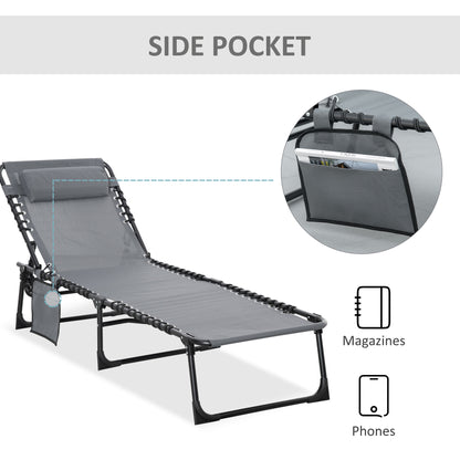 Outsunny Portable Sun Lounger, Folding Camping Bed Cot, Reclining Lounge Chair 5-position Adjustable Backrest with Side Pocket, Pillow for Patio Garden Beach Pool, Grey