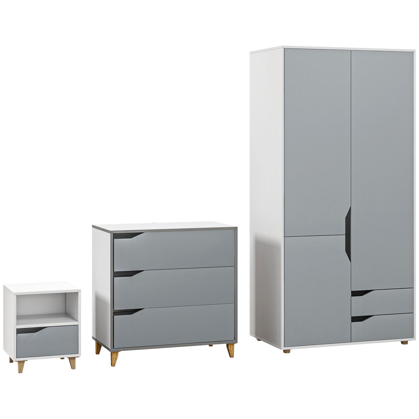 HOMCOM edroom Furniture Set, Wardrobe with Hanging Rail, 3 Drawer Chest of Drawers, Bedside Table with Drawer, Grey and White