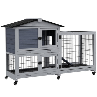 PawHut Portable Rabbit Cage, Rabbit Hutch with Run, Wheels, Three Slide-Out Trays, Ramp, Openable Top for Outdoor Indoor - Grey