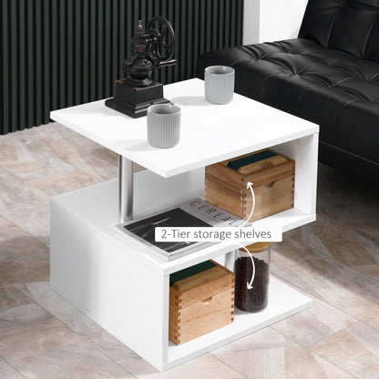 HOMCOM ooden S Shape Cube Coffee Table 2 Tier Storage Shelves Organizer Office Bookcase Living Room End Desk Stand Display Set of 2 (White)