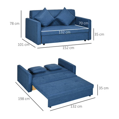 HOMCOM 2 Seater Sofabed, Convertible Bed Settee, Modern Fabric Loveseat Sofa Couch with 2 Cushions, Hidden Storage for Living Room, Guest Room, Deep Blue Fabric