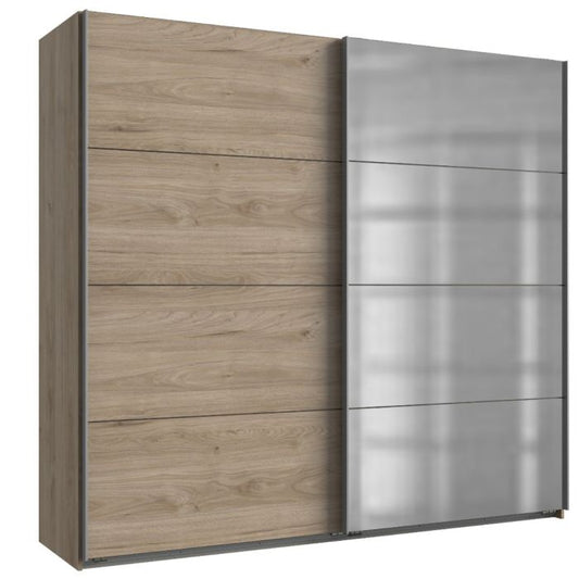 Hickory Oak Sliding Mirrored Wardrobe with Ample Storage and Easy Assembly