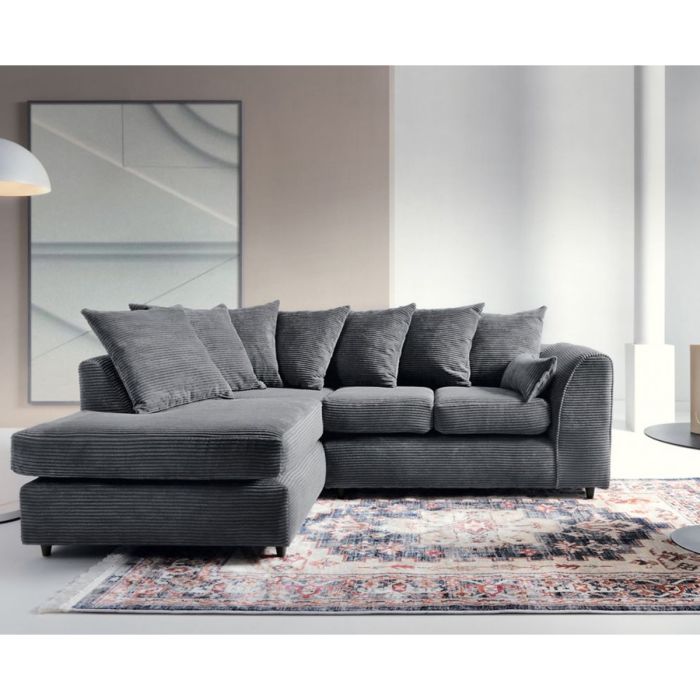 FURCO Grey Left-Facing Chaise Corner Sofa in Soft Cord Chenille Fabric