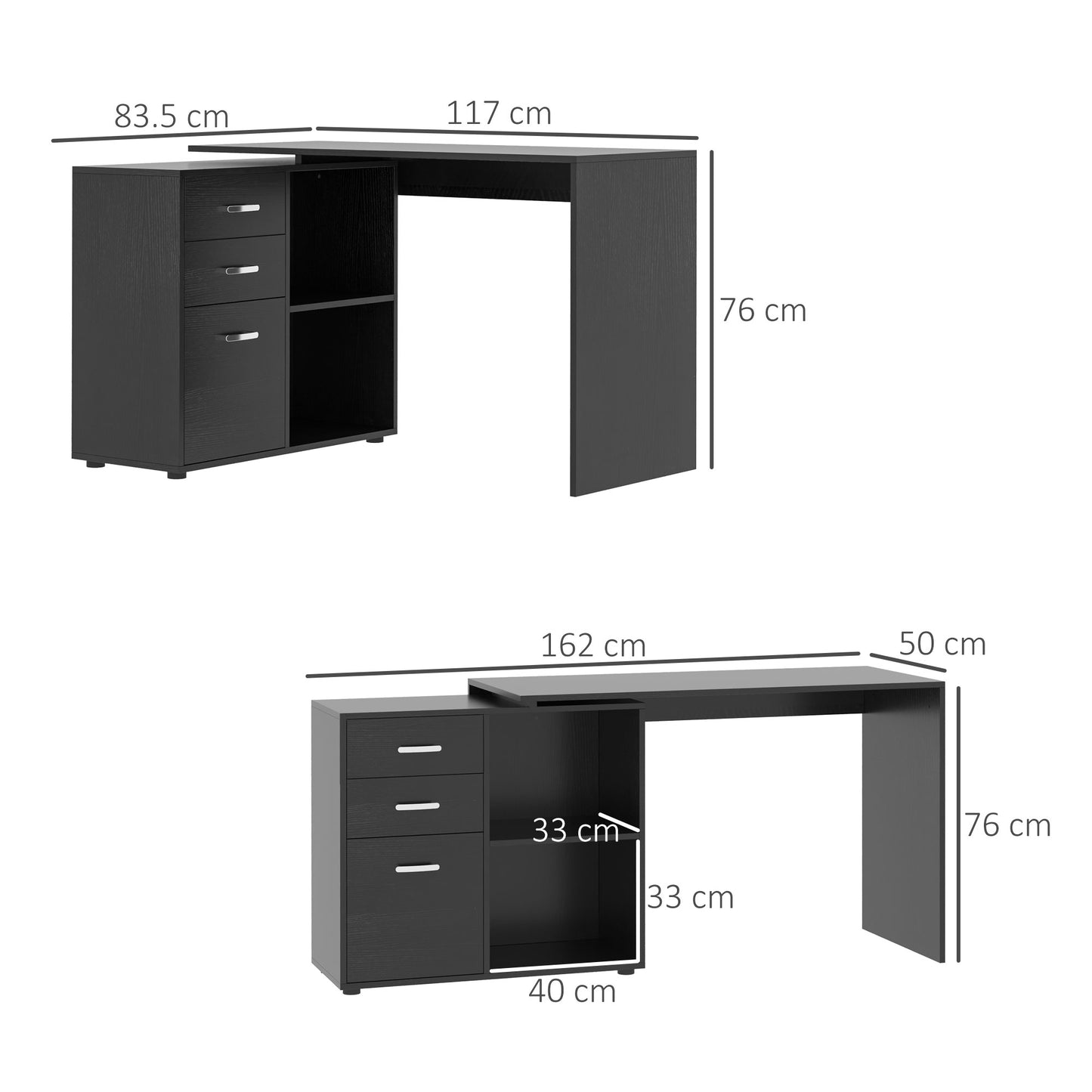 HOMCOM -Shaped Computer Desk, 2 Shaped Corner Desk with Drawers, File Cabinet and Storage Shelves, Home Office Desk, 117 x 83.5 x 76cm, Black