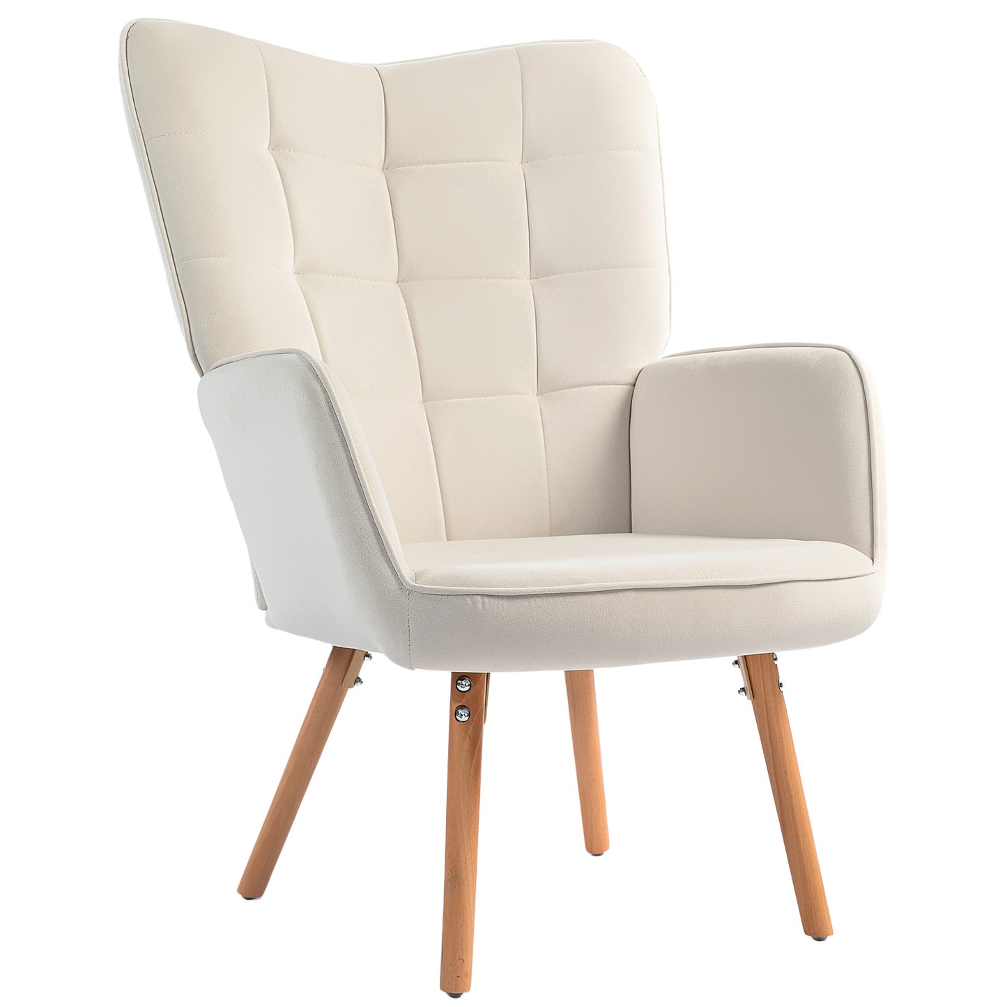 HOMCOM odern Accent Chair Velvet-Touch Tufted Wingback Armchair Upholstered Leisure Lounge Sofa Club Chair with Wood Legs, Cream White