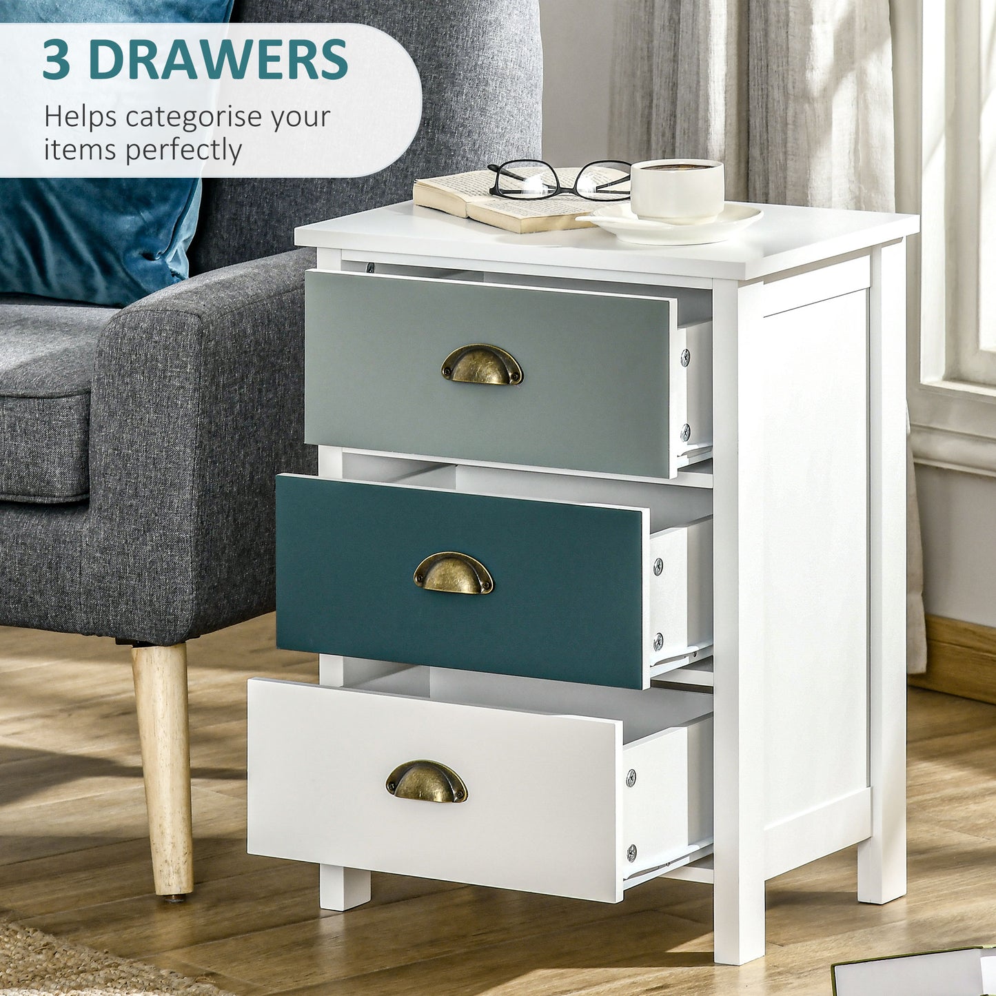 HOMCOM edside Table Set of 2 Chest of 3 Drawers Shabby Chic Nightstands with Metal Handle Sofa Side Table for Living Room, Bedroom,Grey and blue