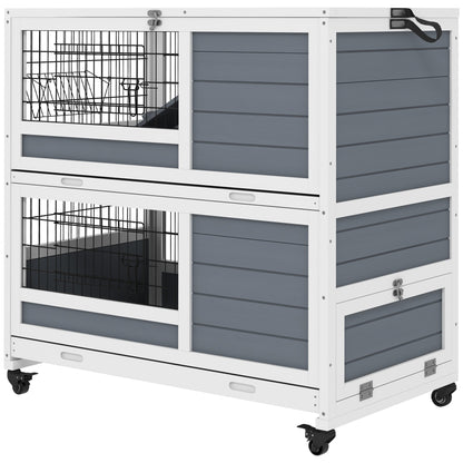 PawHut Double Deckers Guinea Pig Cage, Indoor Rabbit Hutch with Feeding Trough, Trays, Ramps, Openable Top - Grey