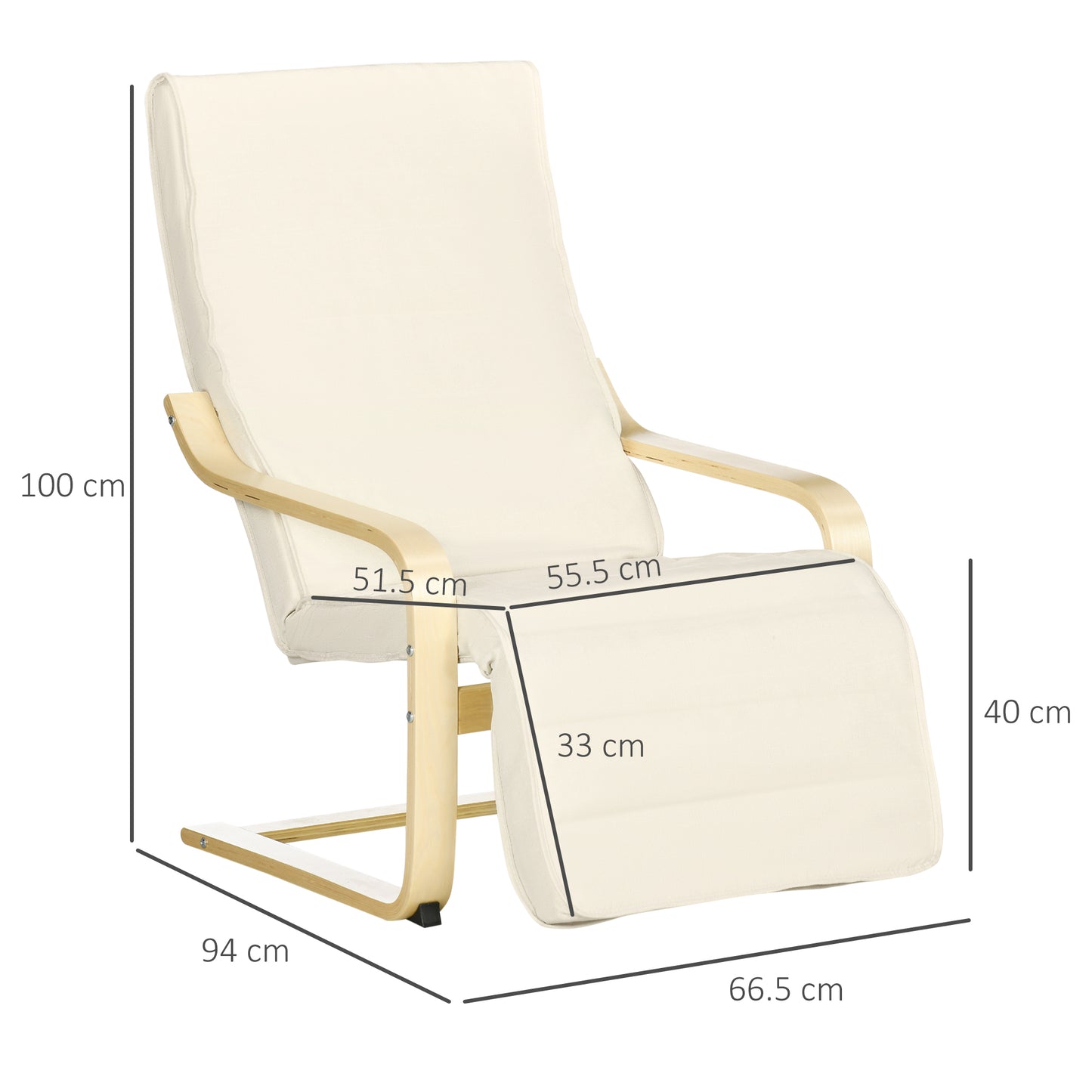 HOMCOM ooden Lounging Chair Deck Relaxing Recliner Lounge Seat with Adjustable Footrest & Removable Cushion, Cream White