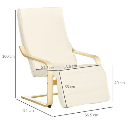 HOMCOM ooden Lounging Chair Deck Relaxing Recliner Lounge Seat with Adjustable Footrest & Removable Cushion, Cream White