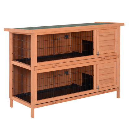 PawHut Rabbit Hutch Outdoor Guinea Pig Hutch Bunny Cage with No-Leak Trays, Divider, 136 x 50 x 93cm, Orange