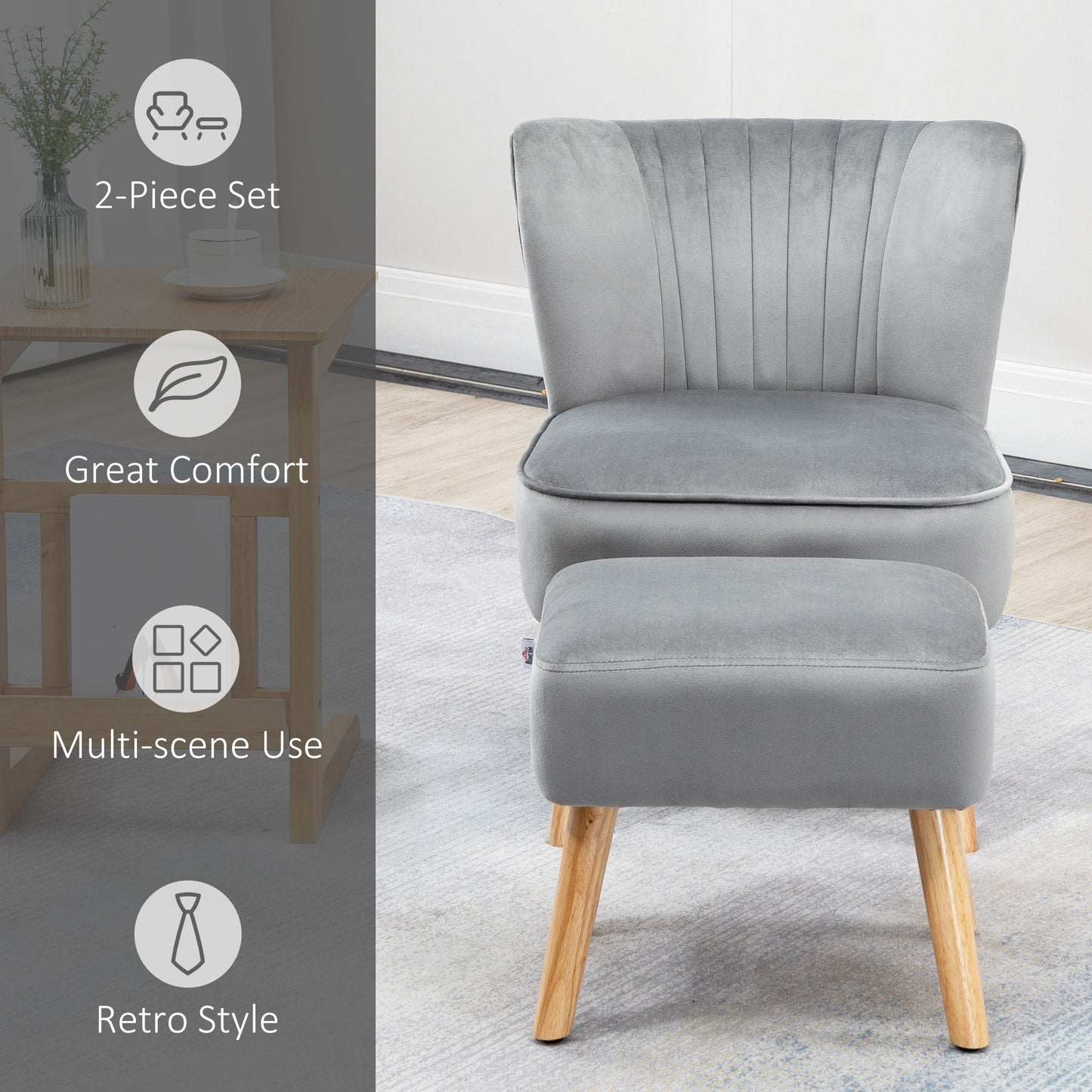 HOMCOM elvet Accent Chair Occasional Tub Seat Padding Curved Back with Ottoman Wood Frame Legs Home Furniture Light Grey