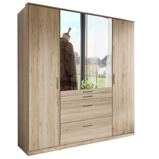 Modern Oak 4 Door Wardrobe with Mirror and Ample Storage - 4 Drawers and Hanging Rails