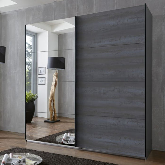 225cm Graphite Sliding Mirrored Wardrobe with Spacious Storage and Modern Design