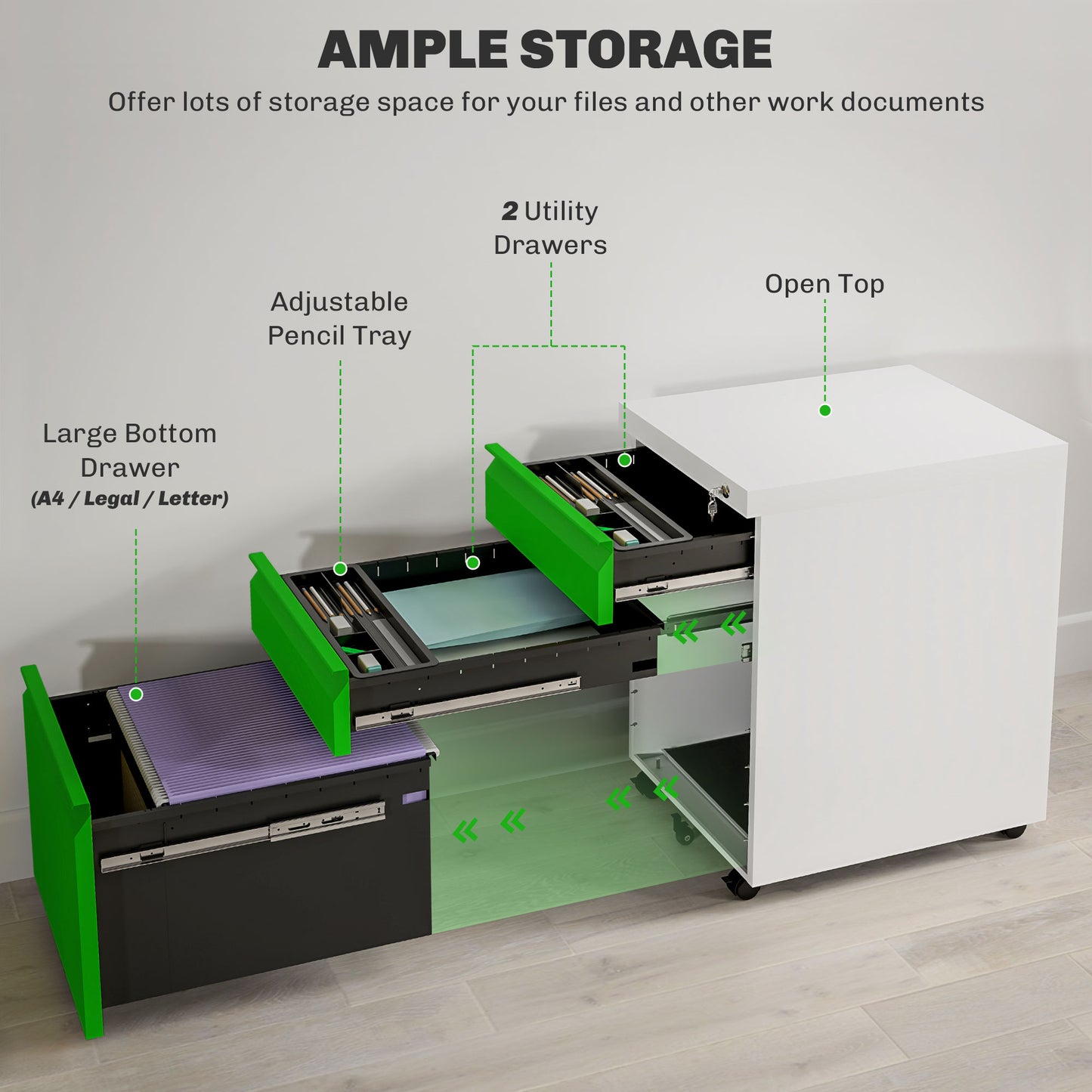 Vinsetto 3 Drawer Filling Cabinet, Mobile Metal File Cabinet with Anti-tilt Design for Letter, A4, Legal Size, Green