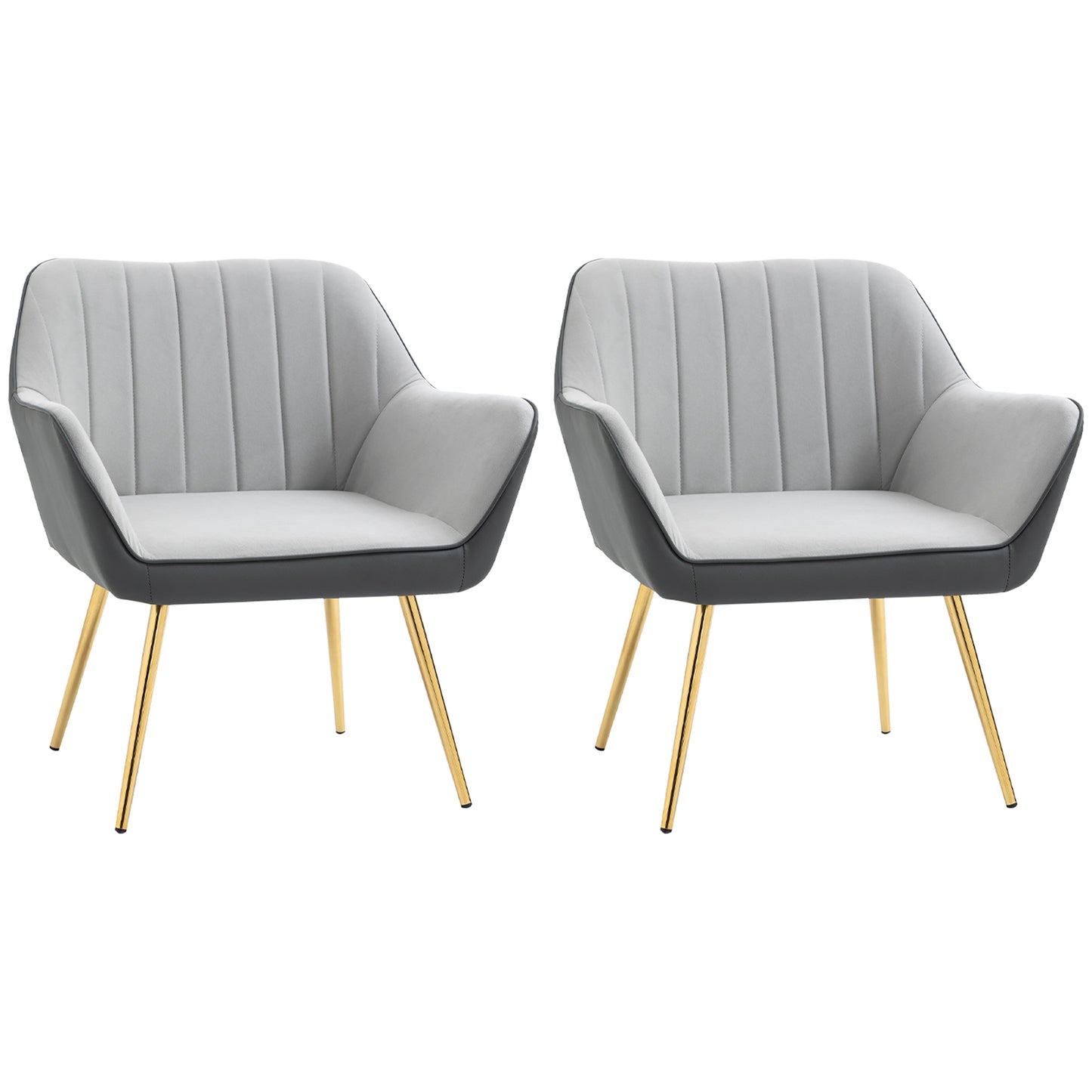 HOMCOM elvet Armchairs, Upholstered Accent Chairs with Golden Steel Legs, Modern Vanity Chairs for Living Room and Bedroom, Set of 2, Light Grey