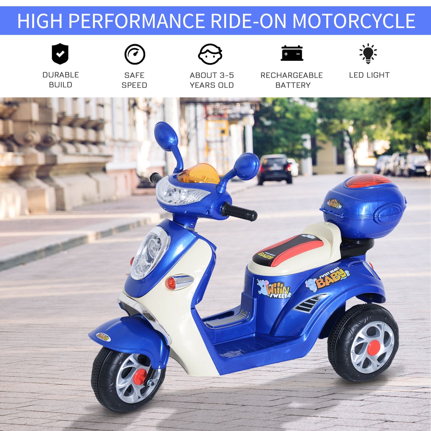 HOMCOM ids Electric Ride On Toy Car 6V Electric Motorbike with Chargeable Battery Headlight and Music for 3-5 Years - Blue