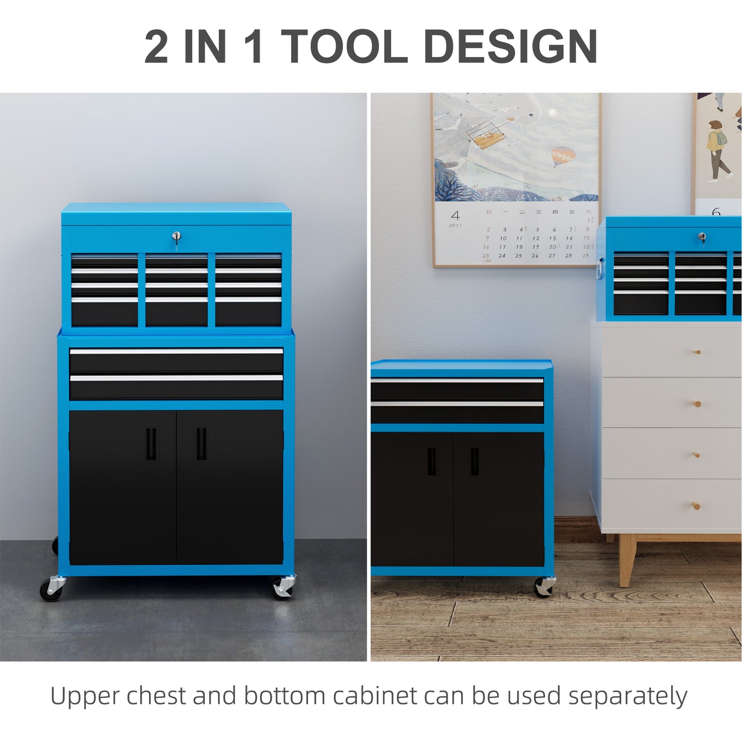 HOMCOM ortable Tool Box, Metal Tool Chest on Wheels with 6 Drawers for Garage and Workshop, Blue