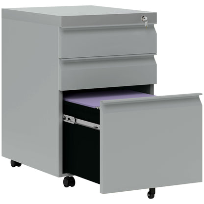 Vinsetto 3 Drawer Filling Cabinet, Mobile Metal File Cabinet with Anti-tilt Design for Letter, A4, Legal Size, Grey