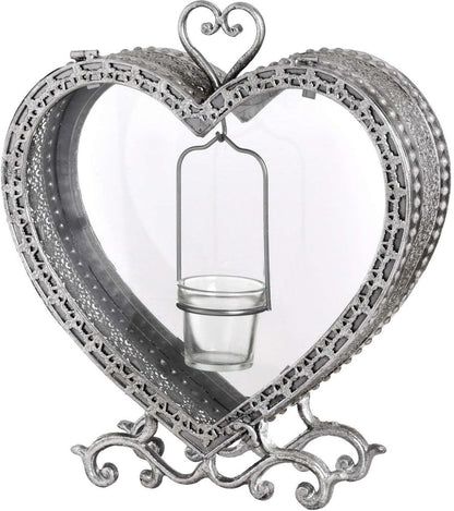 Free Standing Heart Antique Silver Tealight Lantern