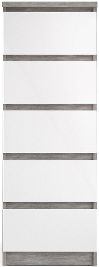 Naia Narrow Chest of 5 Drawer in Concrete and White High Gloss