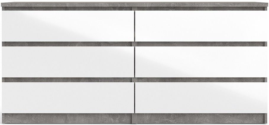 Naia Wide Chest of 6 Drawer in Concrete and White High Gloss