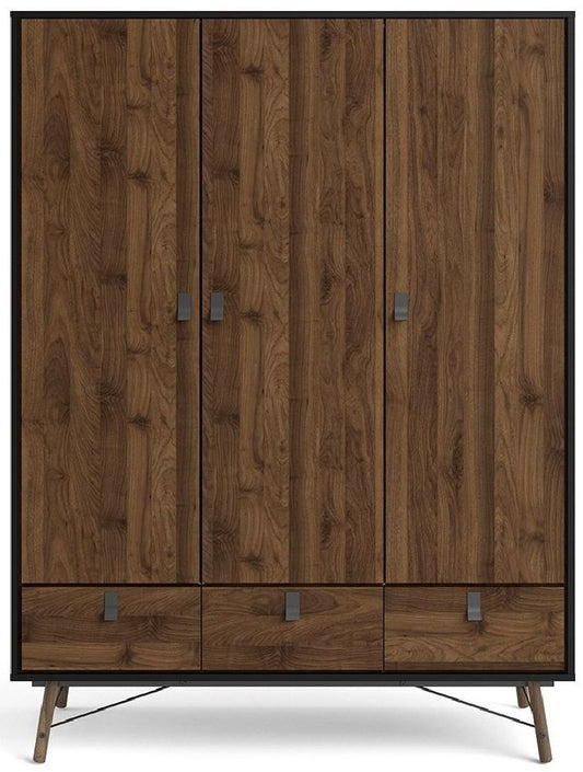 Ry Wardrobe 3 Door 3 Drawer in Matt Black Walnut