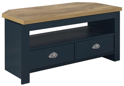 Highgate Blue and Oak Effect Corner TV Unit - 2 Drawers