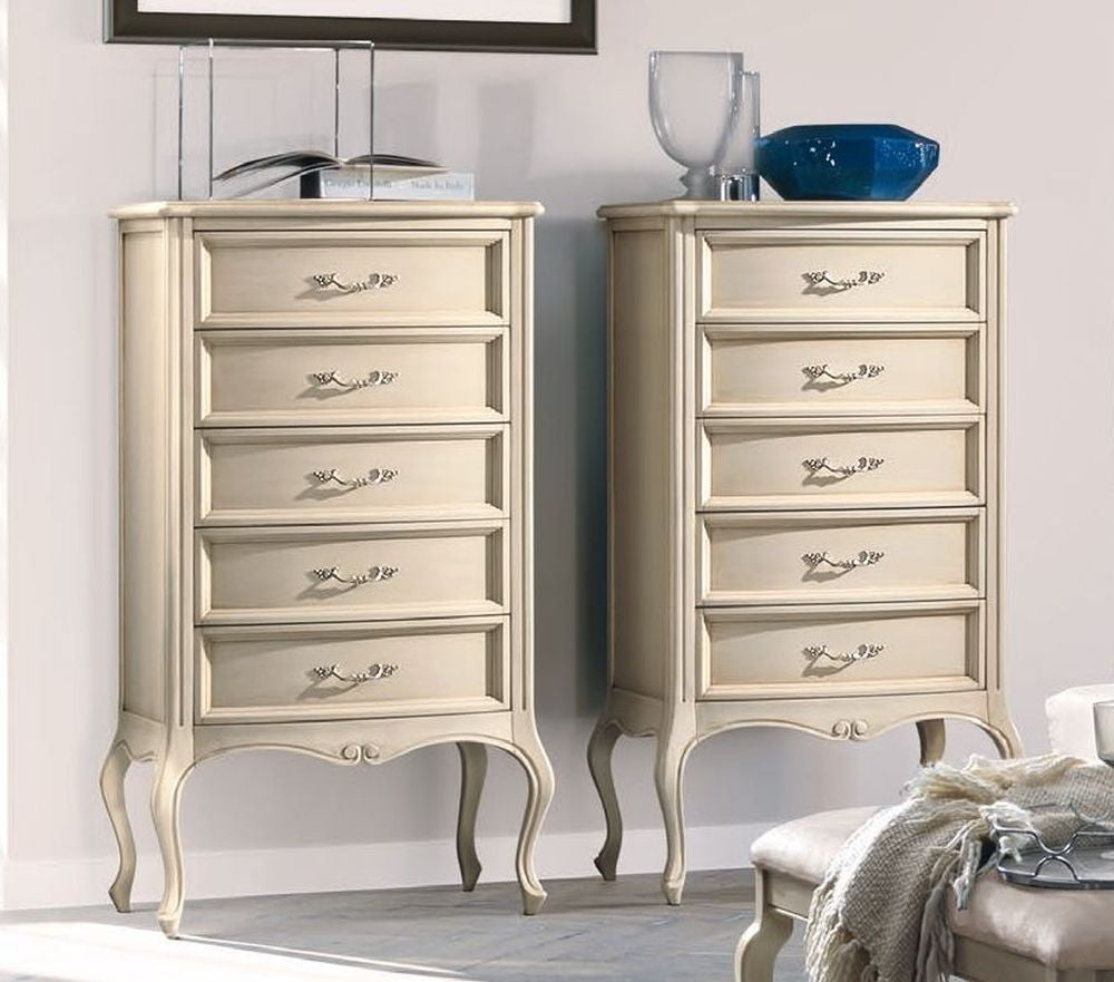 Camel Verdi Night Ivory Painted French Style 5 Drawer Tallboy Chest