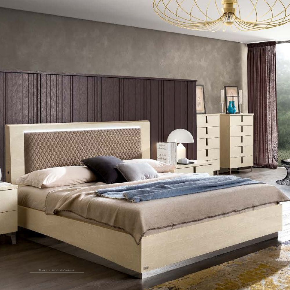 Camel Ambra Night Sand Birch Italian Rombi Bed with Luna Storage and Rhombus Eco Nabuk Headborad