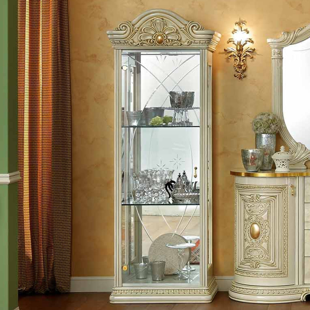 Camel Leonardo Day Ivory High Gloss and Gold Italian 1 Glass Door China Cabinet with LED