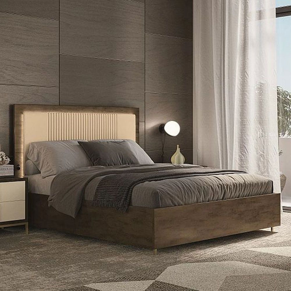 Meridian Brown Italian Storage Bed with Beige Faux Leather Headboard