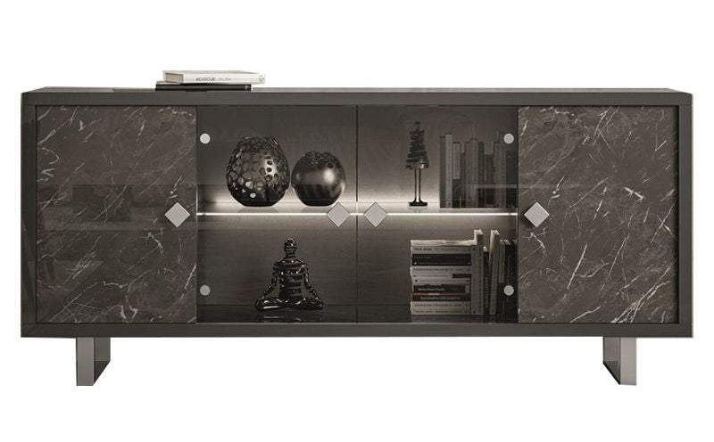 Carvelle Glossy Grey Marble Effect 4 Door Italian Sideboard with LED Light