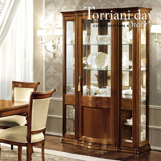 Camel Torriani Day Walnut Italian 3 Glass Door Vitrine with LED Light - 130cm