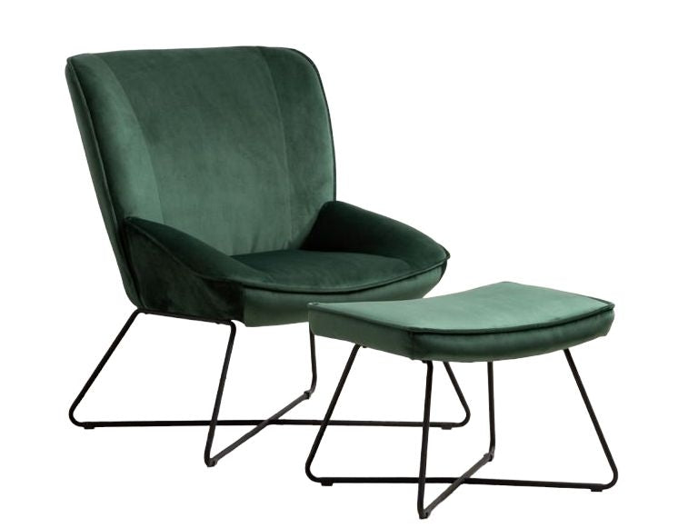 Teagan Green Velvet Fabric Chair and Footstool