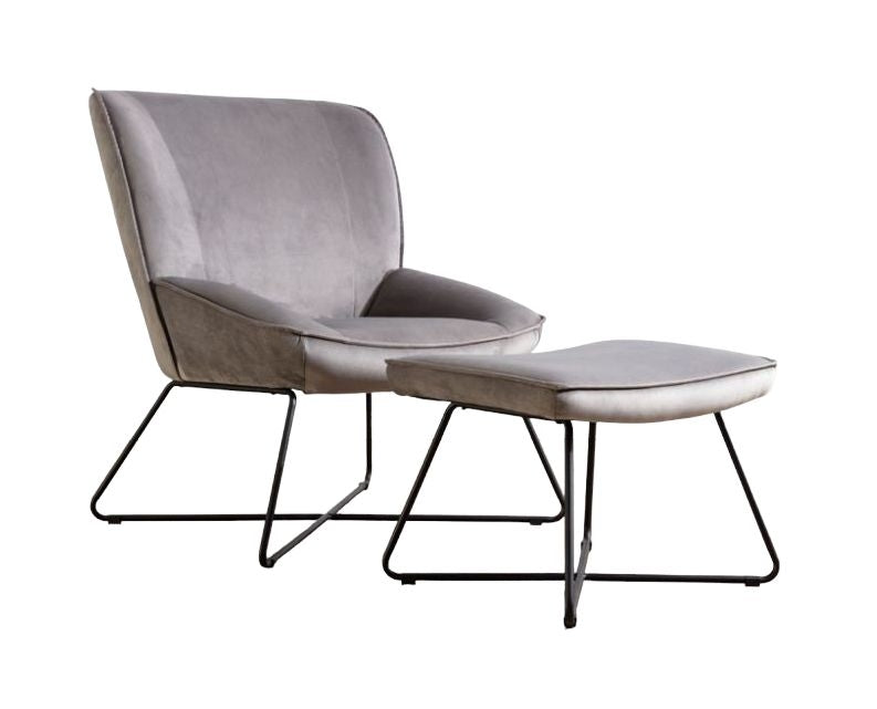 Teagan Grey Velvet Fabric Chair and Footstool