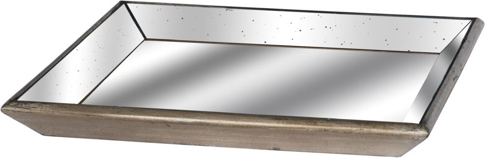 Astor Distressed Mirrored Square Tray With Wooden Detailing Lge