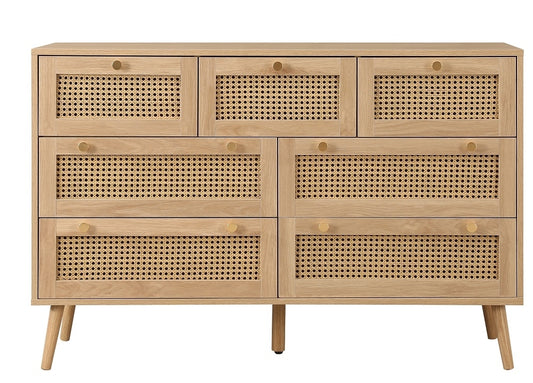 Crolexy Oak Rattan Wide 7 Drawer Chest