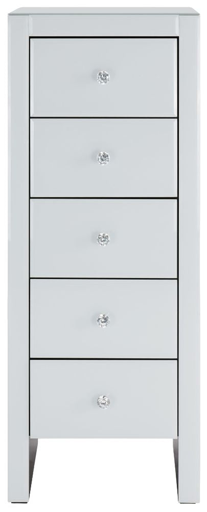 Hollywood White Glass 5 Drawer Tallboy Chest