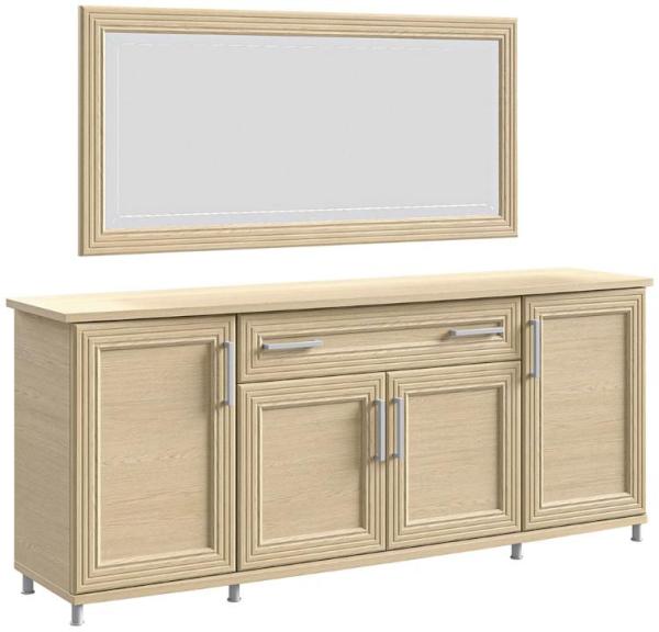 Sonia Light Oak Italian 4 Door Buffet Sideboard and Rectangular Mirror