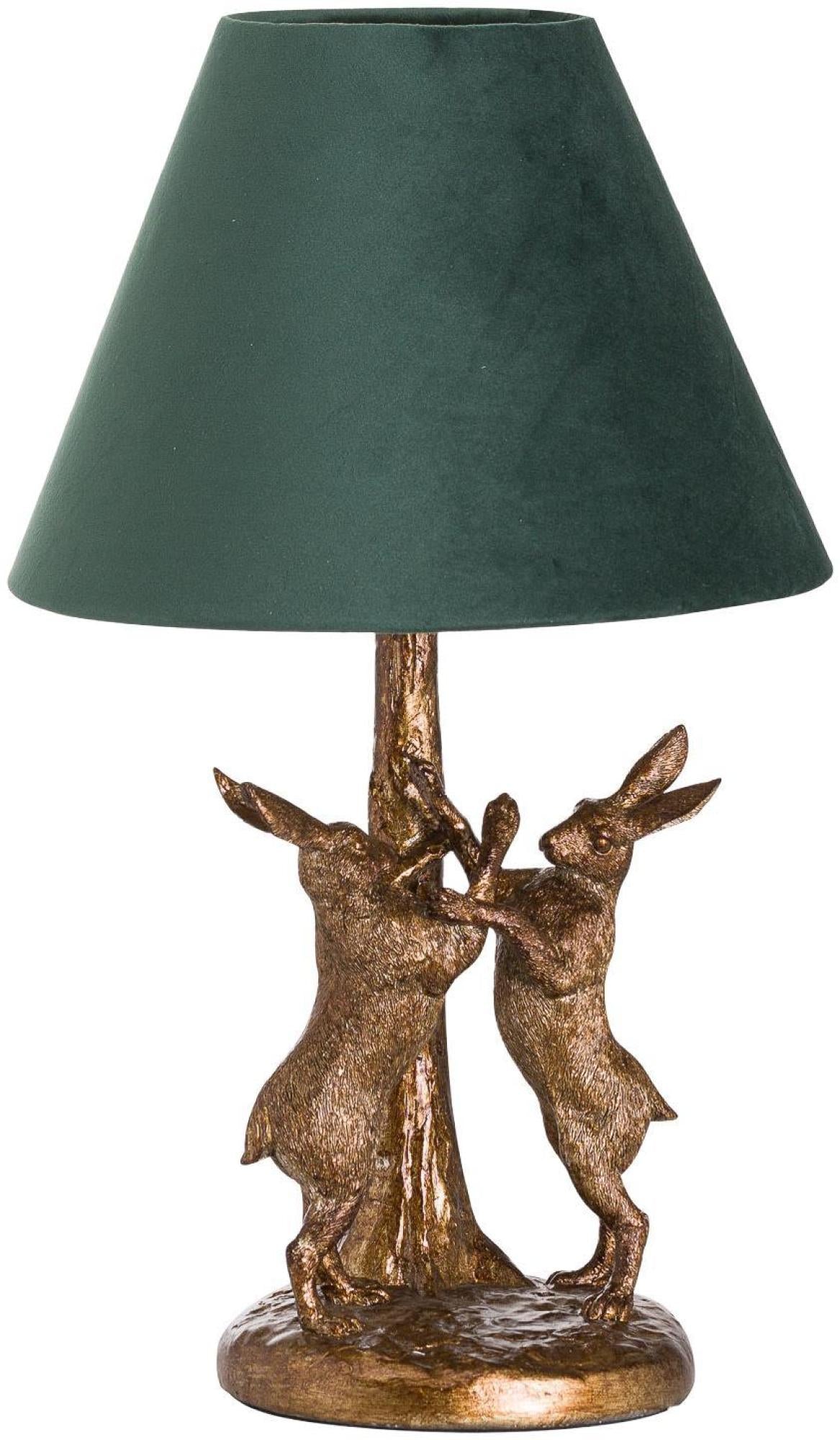 Gold Resin Antique Marching Hares Lamp with Green Velvet Shade