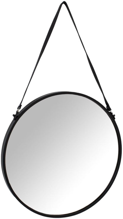 Matt Black Metal Rimmed Hanging Wall Mirror with Black Strap