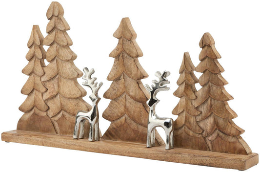 Brown and Silver Wood Tree, Reindeer Decoration