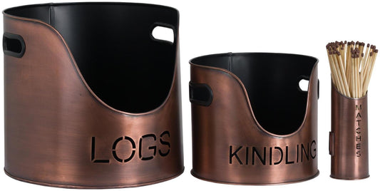 Copper Logs Kindling Buckets and Matchstick Holder