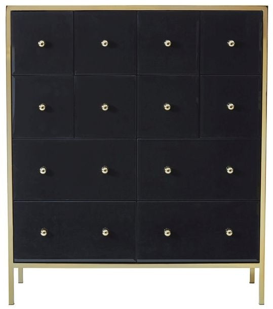 Fenwick Black Glass Multi Drawer Chest - Gold Trim