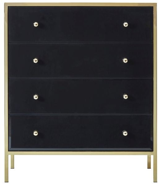 Fenwick Black Glass 4 Drawer Chest - Gold Trim