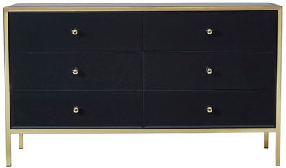 Fenwick Black Glass 6 Drawer Wide Chest - Gold Trim