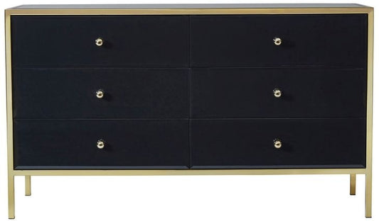 Fenwick Black Glass 6 Drawer Wide Chest - Gold Trim