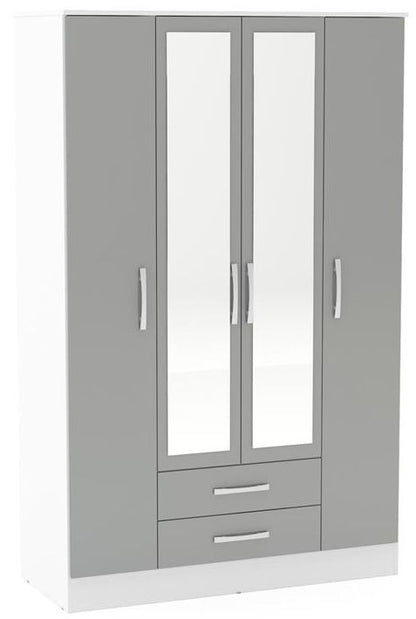 Lynx White and Grey 4 Door Mirrored Wardrobe - 2 Drawers