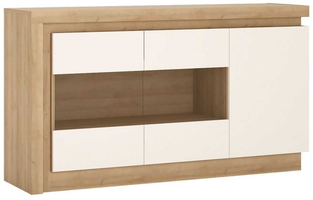 Lyon 3 Door Glazed Sideboard in Riviera Oak and White High Gloss